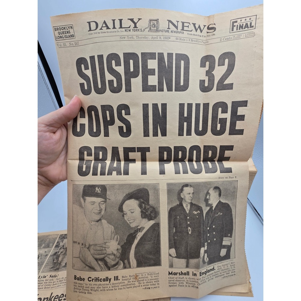 Daily News Newspaper April 9 1942‎ Babe Ruth Ill WWII Bataan Yankees Vintage